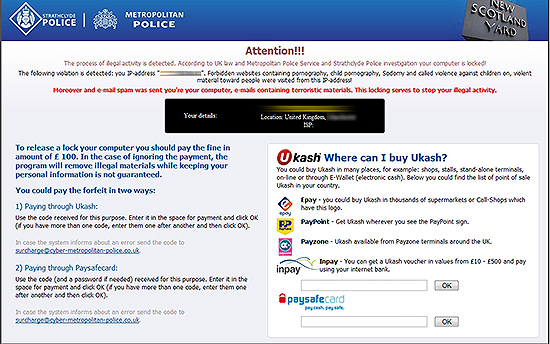 Exemplo de "ransomware": criminosos dizem ser da polcia e solicitam pagamento para liberao da mquina