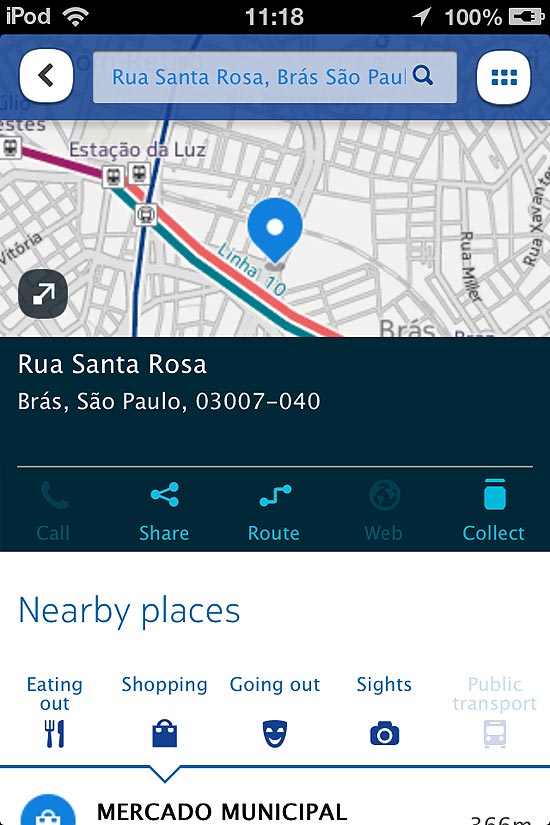 HERE Maps, da Nokia, em um iPod touch: informações sobre estabelecimentos próximos