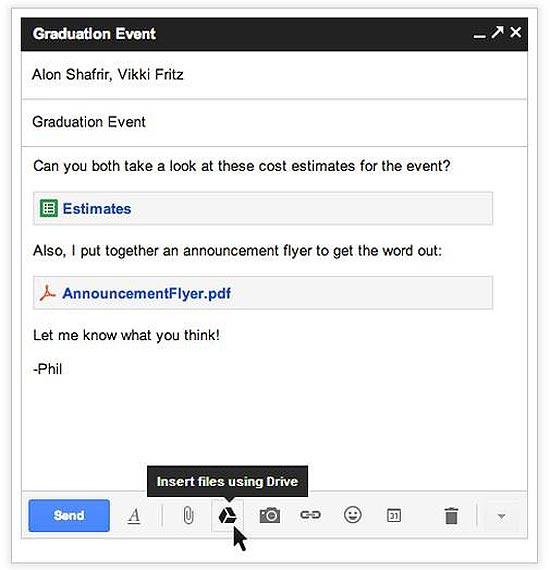 Imagem do Gmail, que agora integra o Google Drive e permite o envio de arquivos com até 10 Gbytes