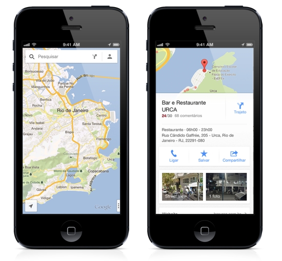 Mapa do Rio de Janeiro e informaes sobre estabelecimento comercial no novo Google Maps para iPhone