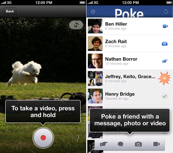 Telas do aplicativo Poke, do Facebook, para iPhone 