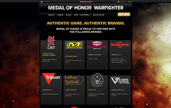 Pgina de parceiros do game "Medal of Honor" que mostra logotipos de fabricantes de produtos blicos
