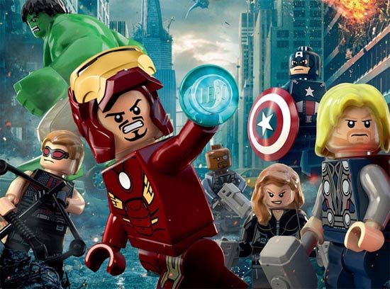 Homem de Ferro à frente de outros heróis da Marvel, em estilo Lego 