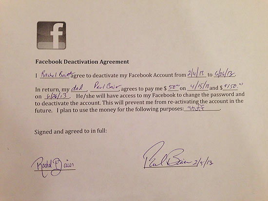 Contrato que determina a desativação da conta no Facebook de Rachel Baier, 14, em troca de US$ 200 de seu pai