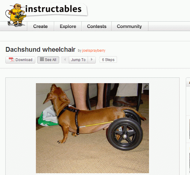 Projeto de cadeira de rodas para dachshund no Instructables, um dos favoritos de Eric Wilhelm