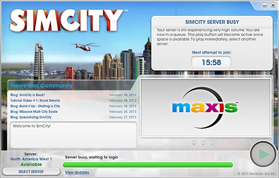 Tela de espera do novo "SimCity", simulador de cidades da Electronic Arts