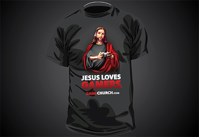 Camiseta vendida no site da Game Church com a mensagem "Jesus ama os gamers" por cerca de R$ 40