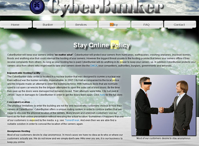 Pgina do site da Cyberbunker, no qual a companhia holandesa de hospedagem de sites explica a poltica para manter os servidores on-line 