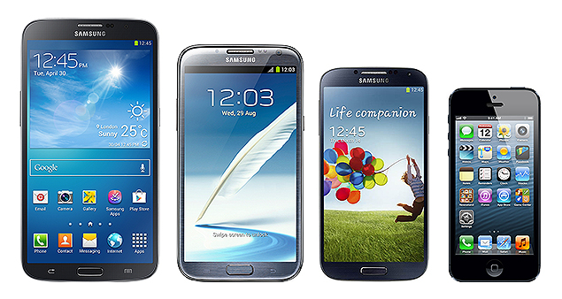 Imagem que compara, da esquerda para a direita, os smartphones Galaxy Mega 6.3, Galaxy Note 2, Galaxy S 4 e iPhone 5