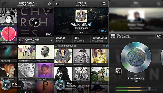 Telas de divulgao do aplicativo do Twitter Music para iPhone