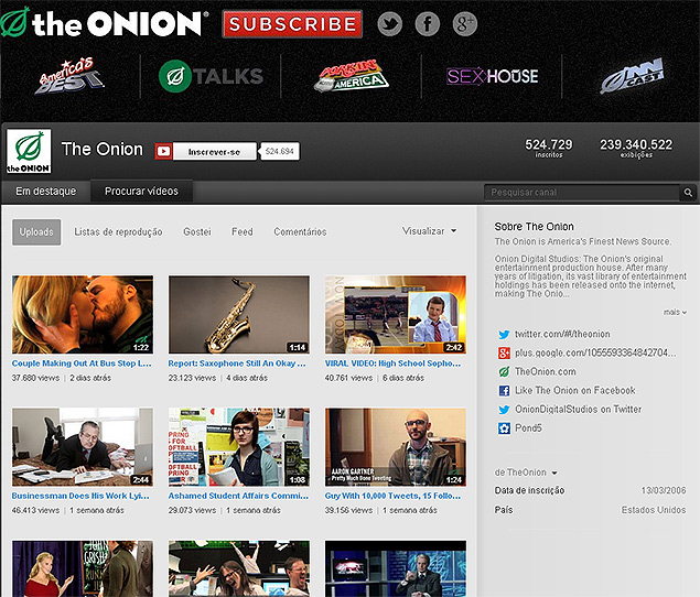 Imagem do canal parceiro do YouTube "The Onion", que pode adotar modelo de assinatura paga