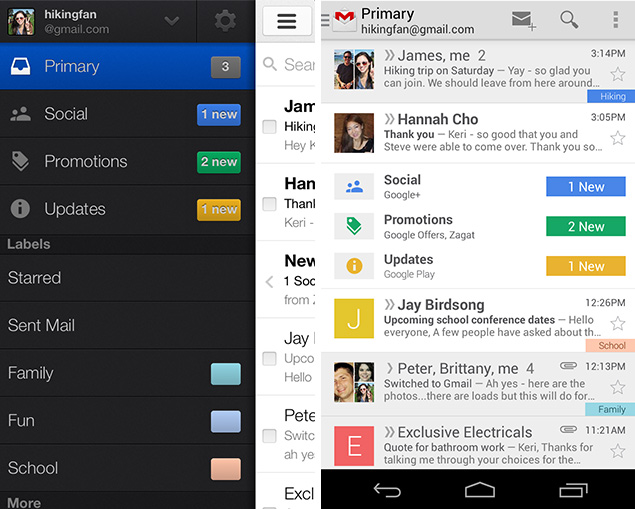 Imagens dos novos aplicativos do Gmail para iOS (esq.) e Android, com a aba Primary (mensagens mais importantes) sendo o principal destaque
