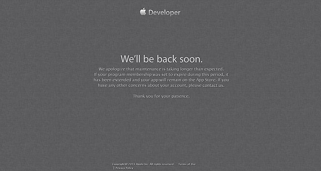 Site para desenvolvedores iOS, da Apple, exibe explicação sobre sua inatividade temporária, ocorrida por conta de uma invasão