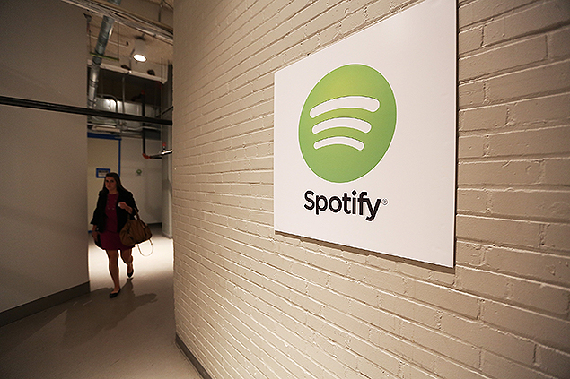 Logotipo do Spotify durante evento da companhia para a imprensa em Nova York