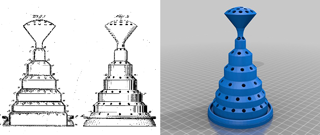 Martin Galese, de Nova York, criou arquivos 3D para a impresso de objetos associados a patentes antigas, como esse suporte para flores, de 1875, hoje sob domnio pblico