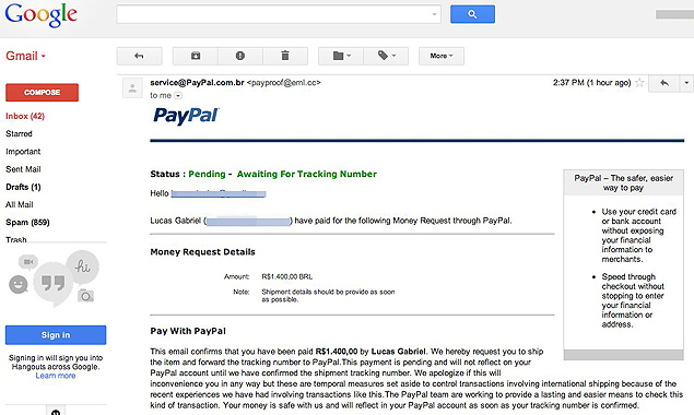 E-mail falso de confirmao de pagamento que Bernardo recebeu 