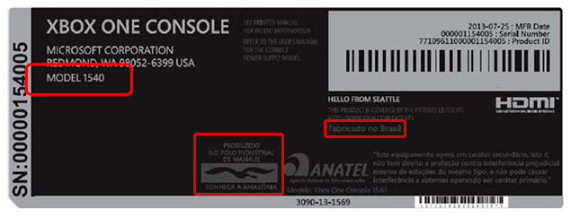 Imagem divulgada pela Anatel mostra que o videogame Xbox One, da Microsoft, est sendo fabricado no Brasil
