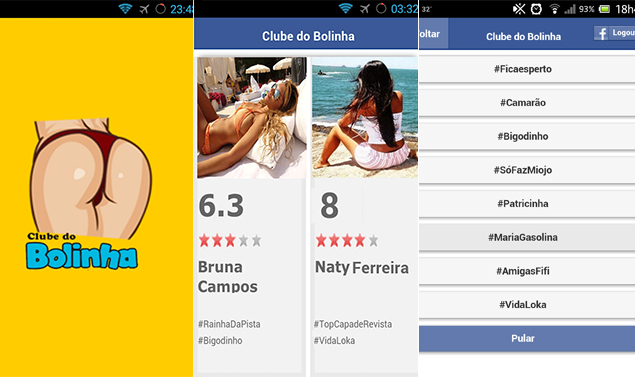 Imagens do aplicativo Clube do Bolinha, que permite dar nota a mulheres da rede de contatos no Facebook