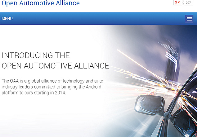 Site da OAA (Open Automotive Alliance), parceria entre Google, Audi, GM, Honda, Hyundai e Nvidia para integrar o Android a carros