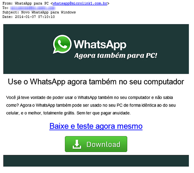 Email oferecendo WhatsApp é golpe para roubo de dados bancários