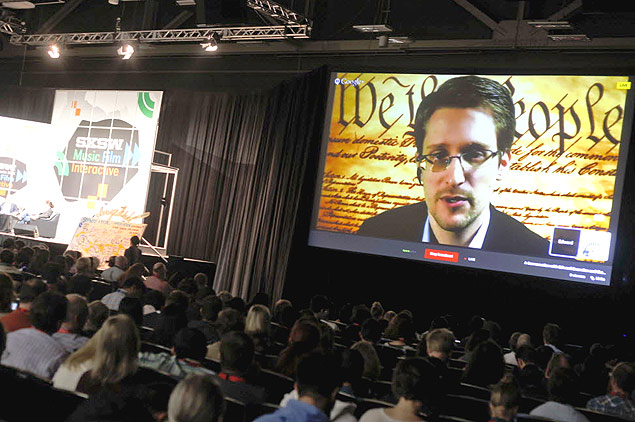 Edward Snowden fala por videoconferncia durante o festival SXSW em Austin, nos EUA
