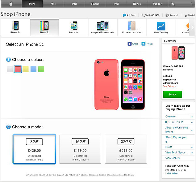 Site da Apple no Reino Unido j mostra o novo modelo do iPhone 5c de 8Gbytes