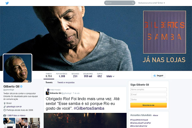 Perfil no Twitter do msico e ex-ministro da Cultura Gilberto Gil