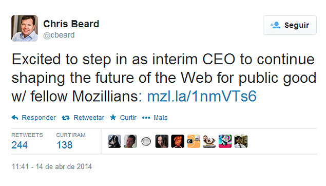 Novo chefe-executivo da Mozilla, Chris Beard, comenta sua escolha no Twitter - https://twitter.com/cbeard/status/455777970901094400