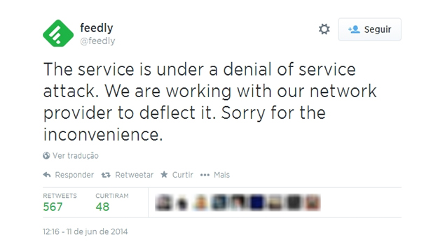 Feedly utilizou seu perfil no Twitter para alertar usurios sobre o problema