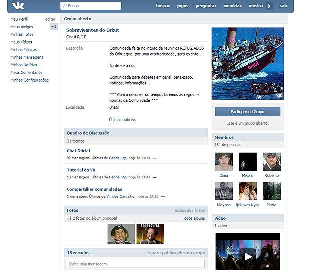 Comunidade Sobreviventes do Orkut na VK, rede social russa