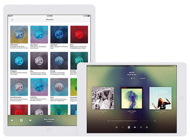 Nova interface do Rdio vista em um iPad; tela inicial passa a ter "andares" temticos