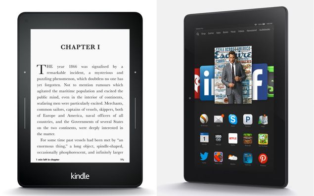 Leitor de e-books Kindle Voyage (esq.) e tablet Fire HDX 8.9, novidades anunciadas pela Amazon 
