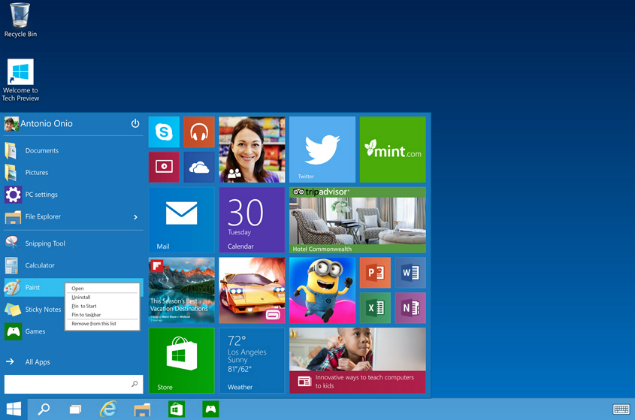 Imagem no novo menu Iniciar, que mescla elementos dos Windows 7 e 8