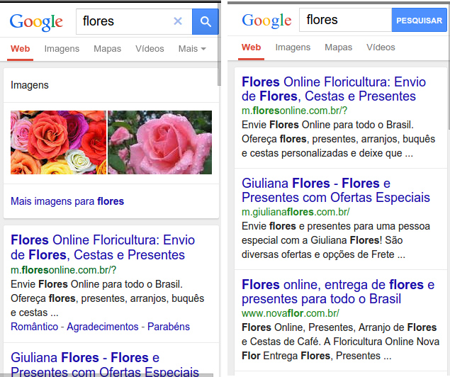 Pgina de busca completa (esq.) e simplificada (dir.) do Google para celulares no Brasil