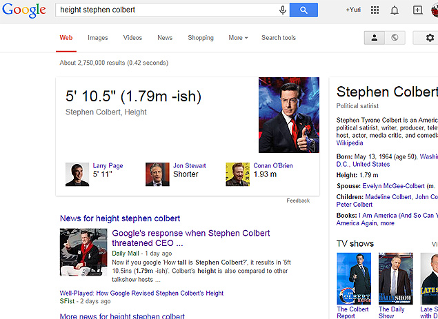Pgina de resultados do Google na verso em ingls para "how tall is Stephen Colbert", sobre a altura do comediante