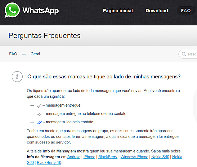 Pgina de ajuda do WhatsApp indica possvel nova funo que acusa se mensagem j foi lida