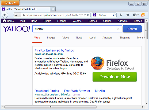Pgina do Yahoo! vista no navegador Firefox