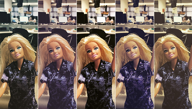 Barbie na redao da *Folha* sob os filtros Perpetua, Aden, Ludwig, Crema e Slumber (da esq. para a dir.)