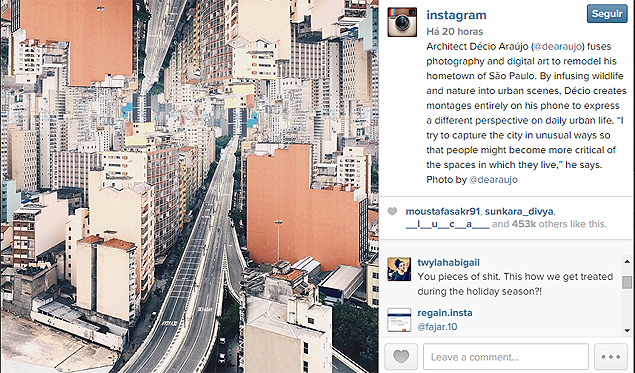 Postagem da conta do Instagram dentro da prpria rede social, com montagem do Minhoco, com comentrios ofensivos