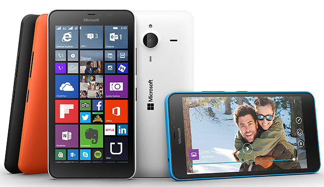Smartphone Lumia 640, apresentado pela Microsoft, que tem cmera de 13 Mpixels e tela de 5,7 polegadas