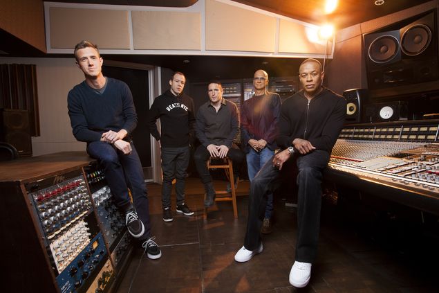  From left: Ian Rogers, the chief executive of Beats Music, Luke Wood, chief executive of Beats by Dre, Trent Reznor of Nine Inch Nails, record producer Jimmy Iovine, and Dr. Dre, in Santa Monica, Calif., Dec. 17, 2013. In a sign of how important Beats has become to Apple, the company has made Reznor a point man in overhauling the iPhone’s music app to incorporate streaming. () - XNYT156