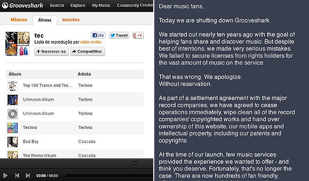 Servio Grooveshark antes do encerramento das atividades ( esq.) e a carta de despedida posta no ar na semana passada (dir.) 