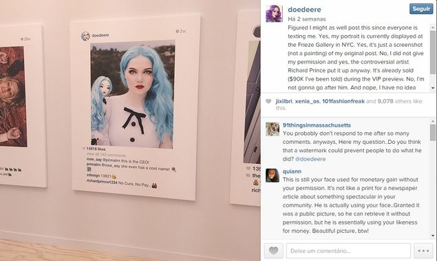 Postagem de Doe Deere no Instagram sobre sua foto na exposio de Richard Prince