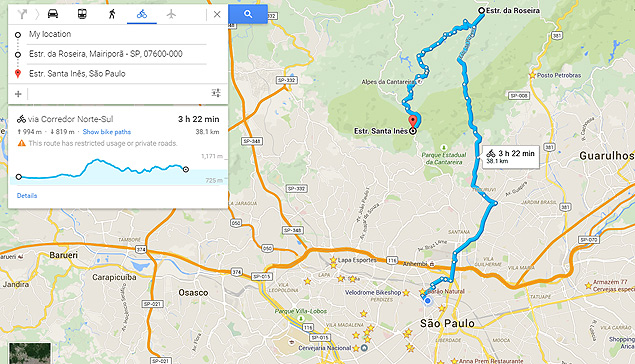 Google Maps na verso web mostra rota recomendada para ciclistas em So Paulo