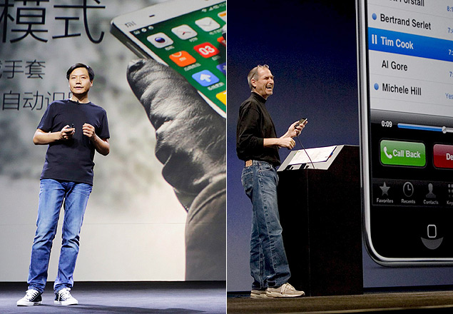 Lei Jun ( dir.), fundador da Xiaomi,  comparado a Steve Jobs por negcios e roupas