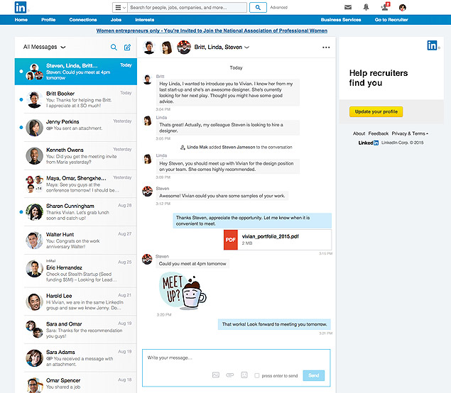 crdito: Divulgao/LinkedInlegenda: LinkedIn lana novo sistema de troca de mensagens, mais parecido com o de apps de bate-papo