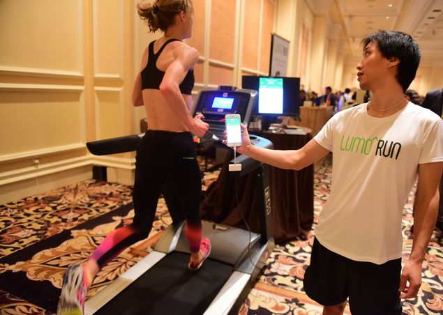  An athlete wearing Lumo Run smart running pants runs on a treadmill at Pepcom, January 5, 2016 in Las Vegas, Nevada ahead of the CES 2016 Consumer Electronics Show. The Lumo Run feature one sensor in the waistband which provides real-time feedback on performance and form. AFP PHOTO / ROBYN BECK ORG XMIT: RLB061
