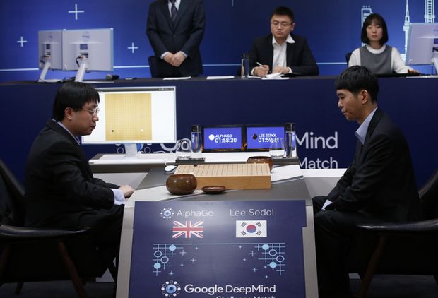  South Korean professional Go player Lee Sedol, right, prepares for his second stone against Google's artificial intelligence program, AlphaGo, as Google DeepMind's lead programmer Aja Huang, left, sits during the Google DeepMind Challenge Match in Seoul, South Korea, Wednesday, March 9, 2016. Google's computer program AlphaGo defeated its human opponent, South Korean Go champion Lee Sedol, on Wednesday in the first game of a historic five-game match between human and computer. (AP Photo/Lee Jin-man) ORG XMIT: LJM110