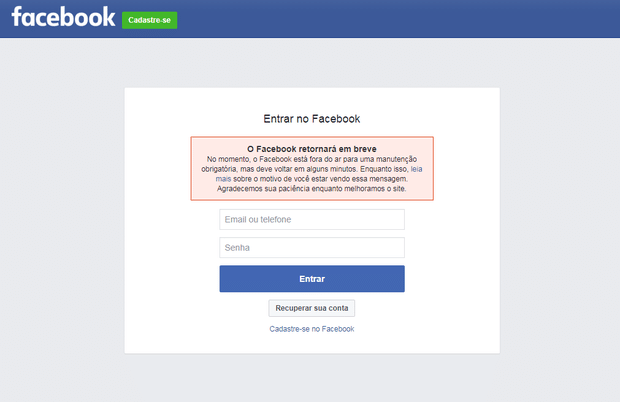 Facebook exibe mensagem de erro quando internautas tentam acessar o site