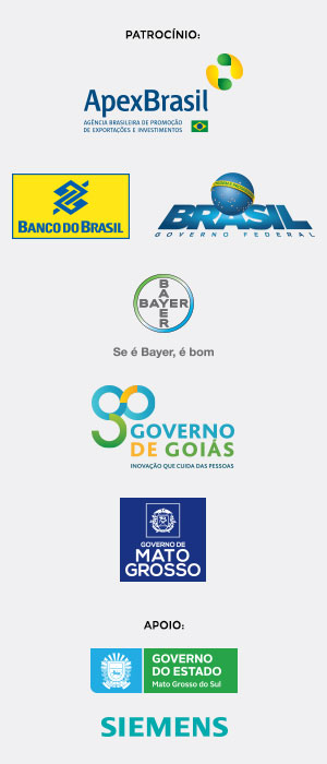 Patrocínio: ApexBRASIL, Banco do Brasil, Governo FEderal, Bayer, Governo de Goiás, Governo de Mato Grosso. Apoio: Governo do EStado - Mato Grosso do Sul